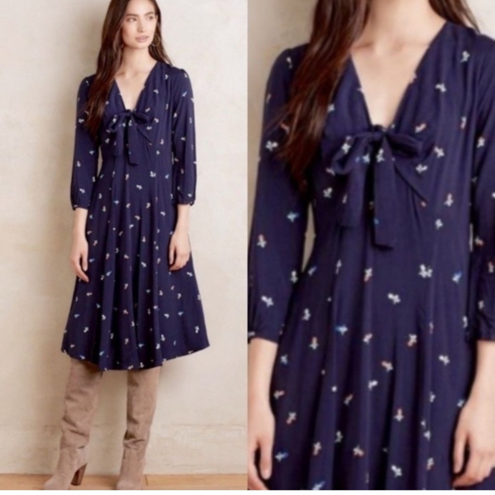 Anthropologie 11 Tylho Floral Tie Navy Blue Knee Length Midi Dress SP